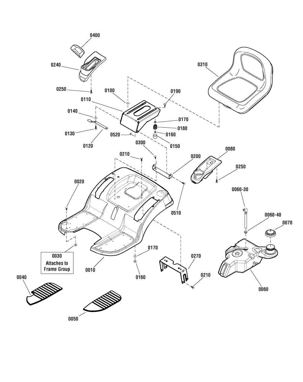 Seat Deck And Fuel Tank Group Diagram and Parts List for 2690930-01-MT24520H 2012 Briggs and Stratton Lawn Tractor